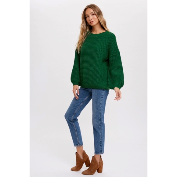 SOLD OUT Forest Green Waffle Knit Pullover Chunky Wide Puff Sleeve Casual - Picture 7 of 8